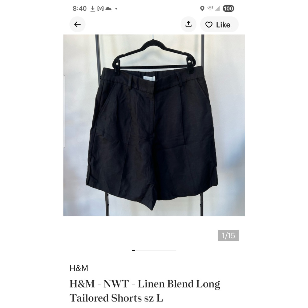 NEW H&M Women's Black Linen Blend Pleated High Waisted Casual Shorts Size 14